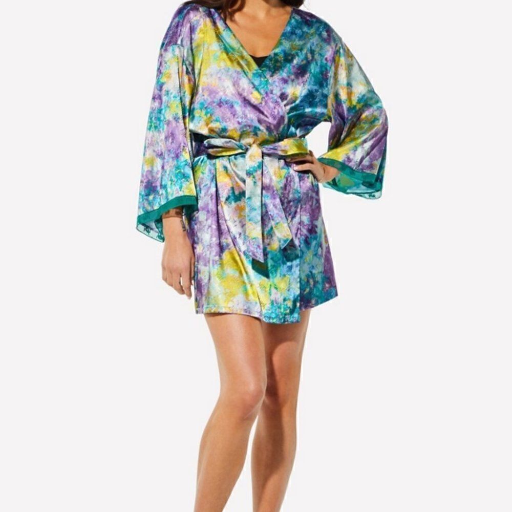 Yitty Deep Sea Watercolor Satin Pretty Mini Robe, size L